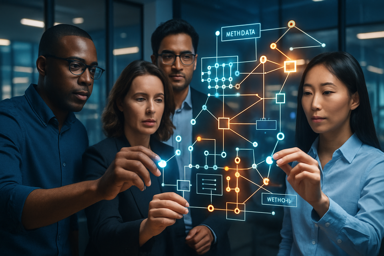 Diverse technology professionals configuring metadata structures on a holographic interface for Oracle Analytics AI Assistant optimization.