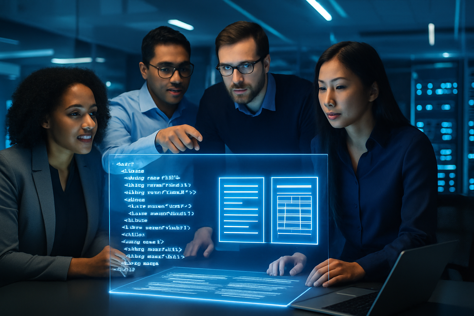 Diverse tech professionals analyzing XML code and reporting templates for business intelligence data.