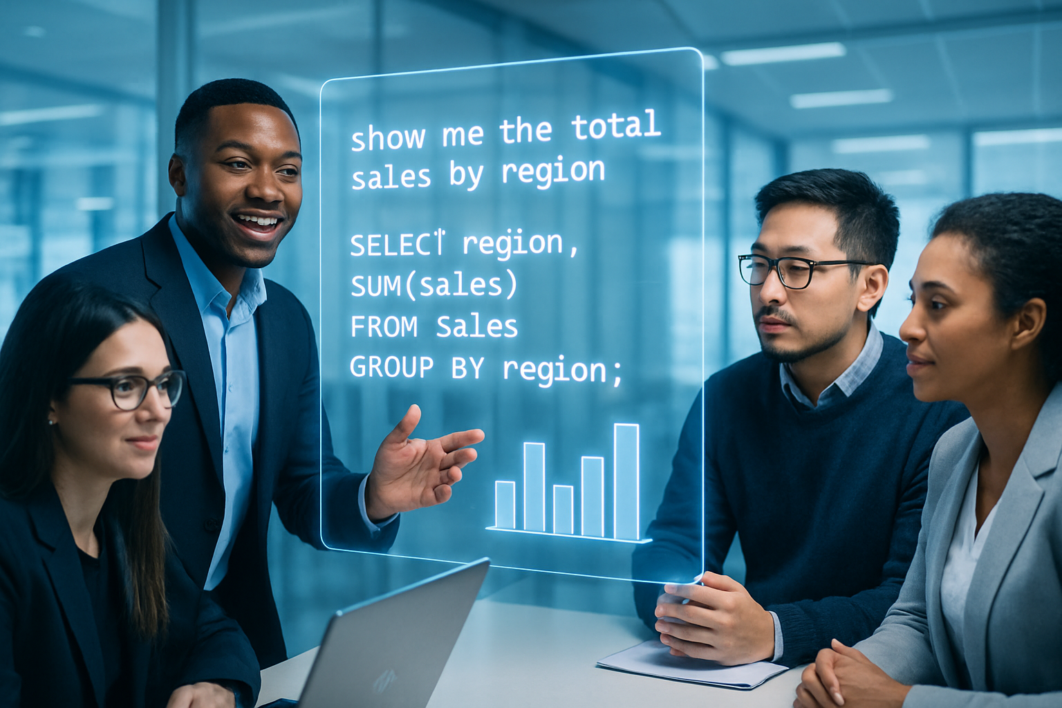 Diverse tech professionals using Oracle Autonomous Database Select AI to convert natural language commands into SQL queries on a high-tech holographic display.