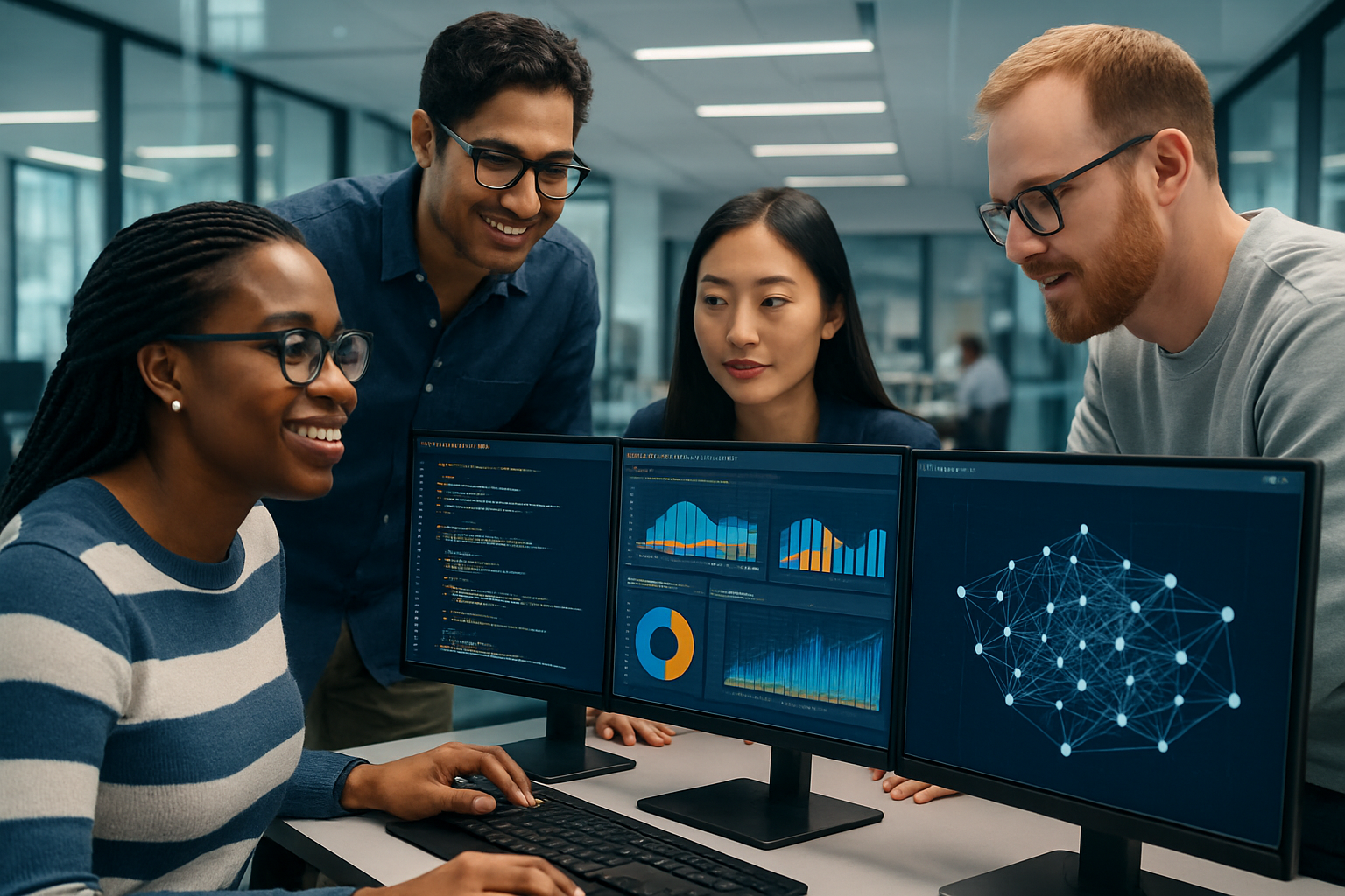 A diverse team of data scientists using Oracle Cloud Infrastructure to build, train, and deploy machine learning models in a modern office.
