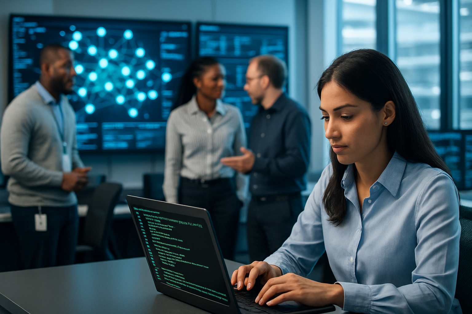 A diverse team of tech professionals in a server control room monitoring a Linux cluster and executing parallel commands.