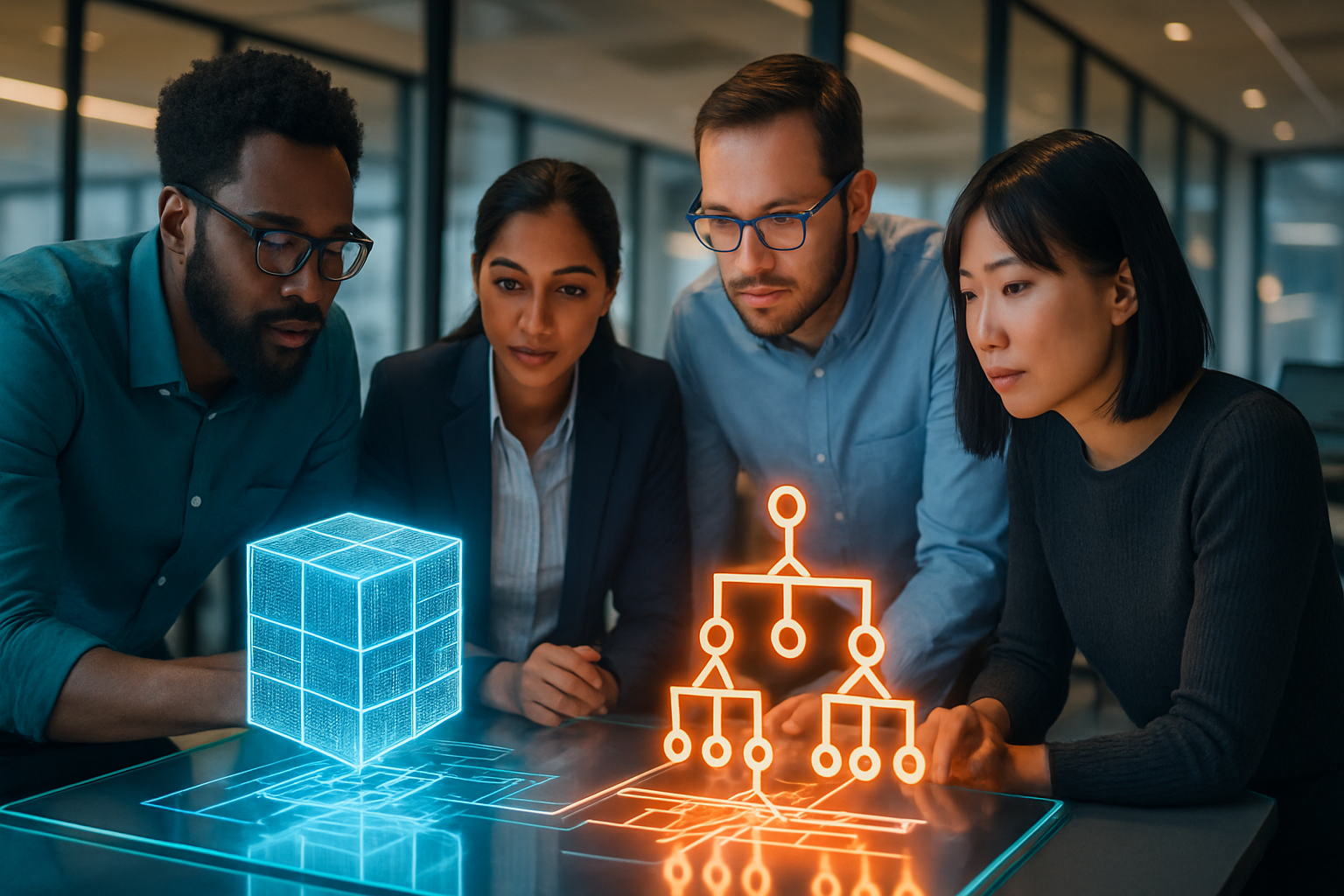 Data professionals collaborating on metadata modeling and database analytic views using a holographic visualization.