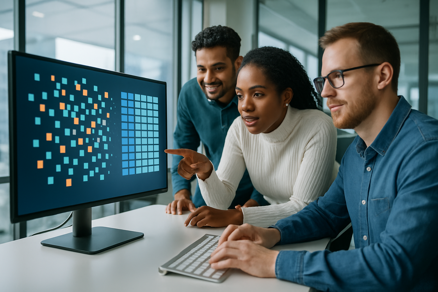 A team of data engineers using software to parse messy JSON data into structured formats on a computer screen.