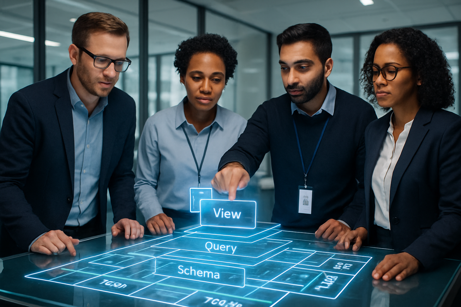 Diverse data professionals collaborating over a holographic database diagram, analyzing materialized view structures and query optimization strategies.