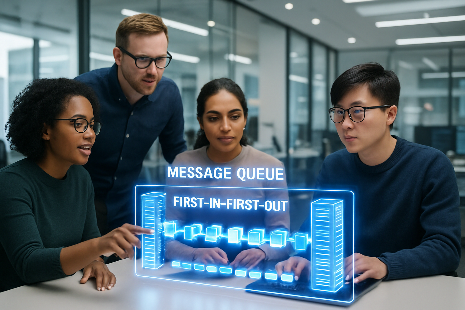 Software engineers monitoring OCI Queue message flow and Python SDK integration on a digital interface.