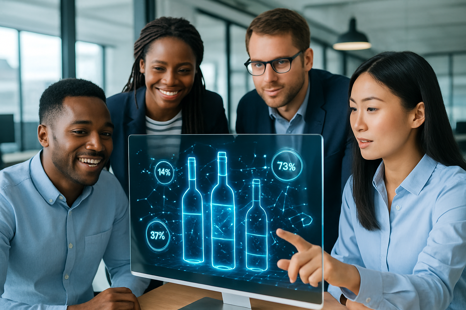 Diverse tech professionals analyzing wine data models using Oracle AutoML UI for predictive analytics.
