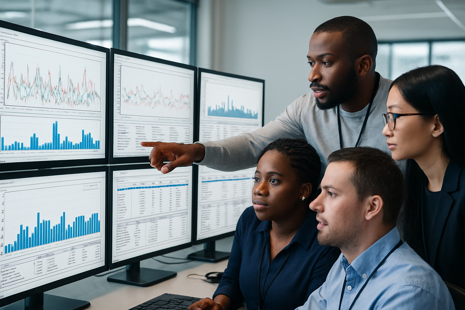 IT professionals monitoring OBIEE system performance on Windows using Perfmon metrics and data visualizations on computer screens.