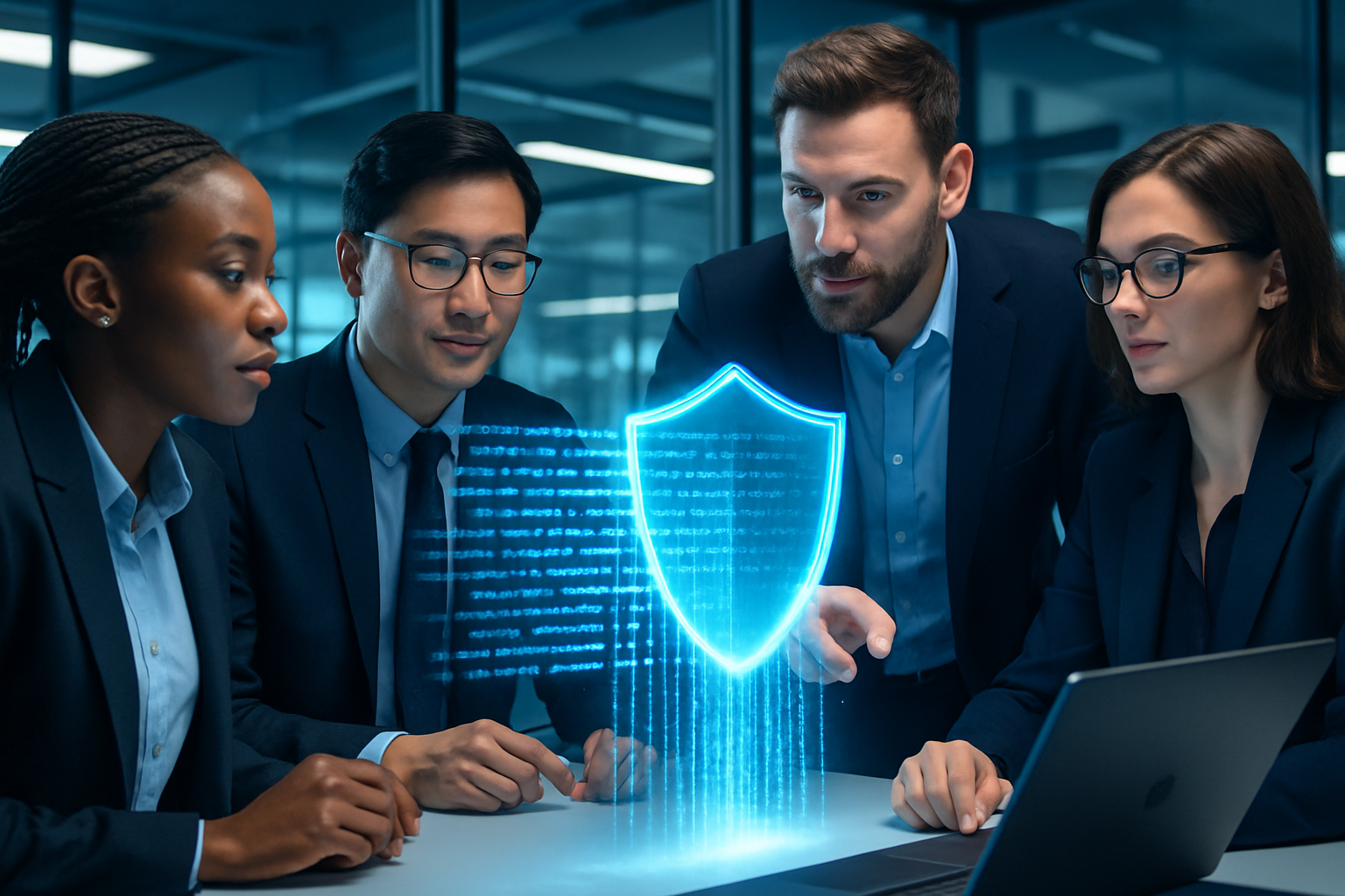Cybersecurity professionals analyzing a digital shield that protects Oracle APEX code from malicious data injection and XSS vulnerabilities.