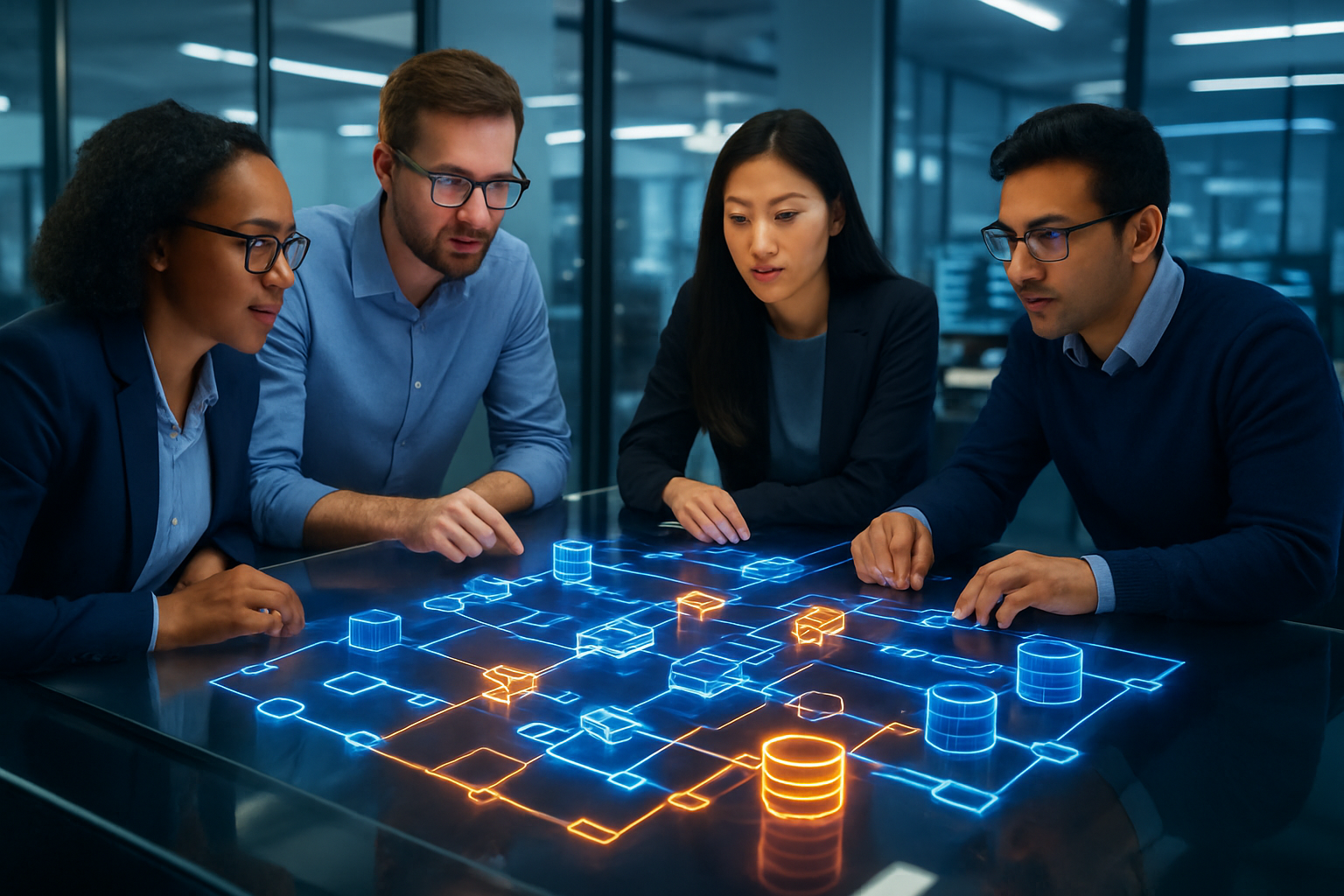 Diverse team of engineers analyzing a holographic data integration pipeline and knowledge modules.