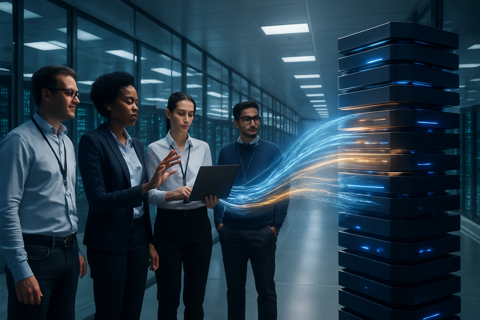 Tech professionals monitoring a data migration process between Oracle databases using data integration software.