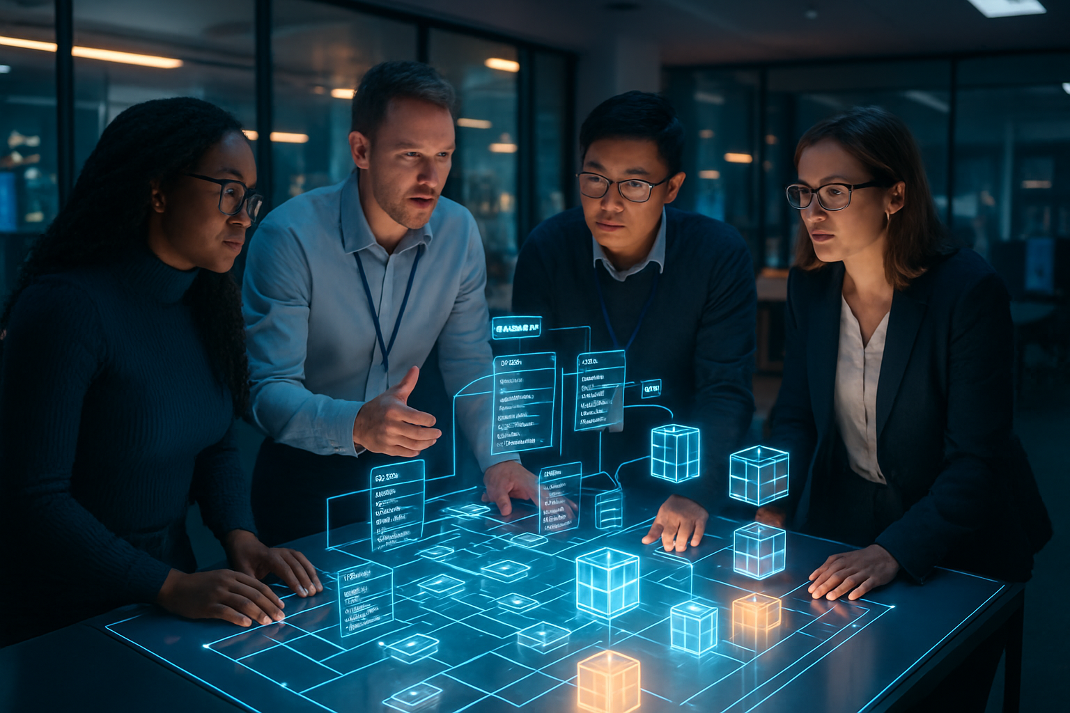 Data professionals collaborating on a holographic database schema model to visualize degenerate dimensions and business intelligence structures.