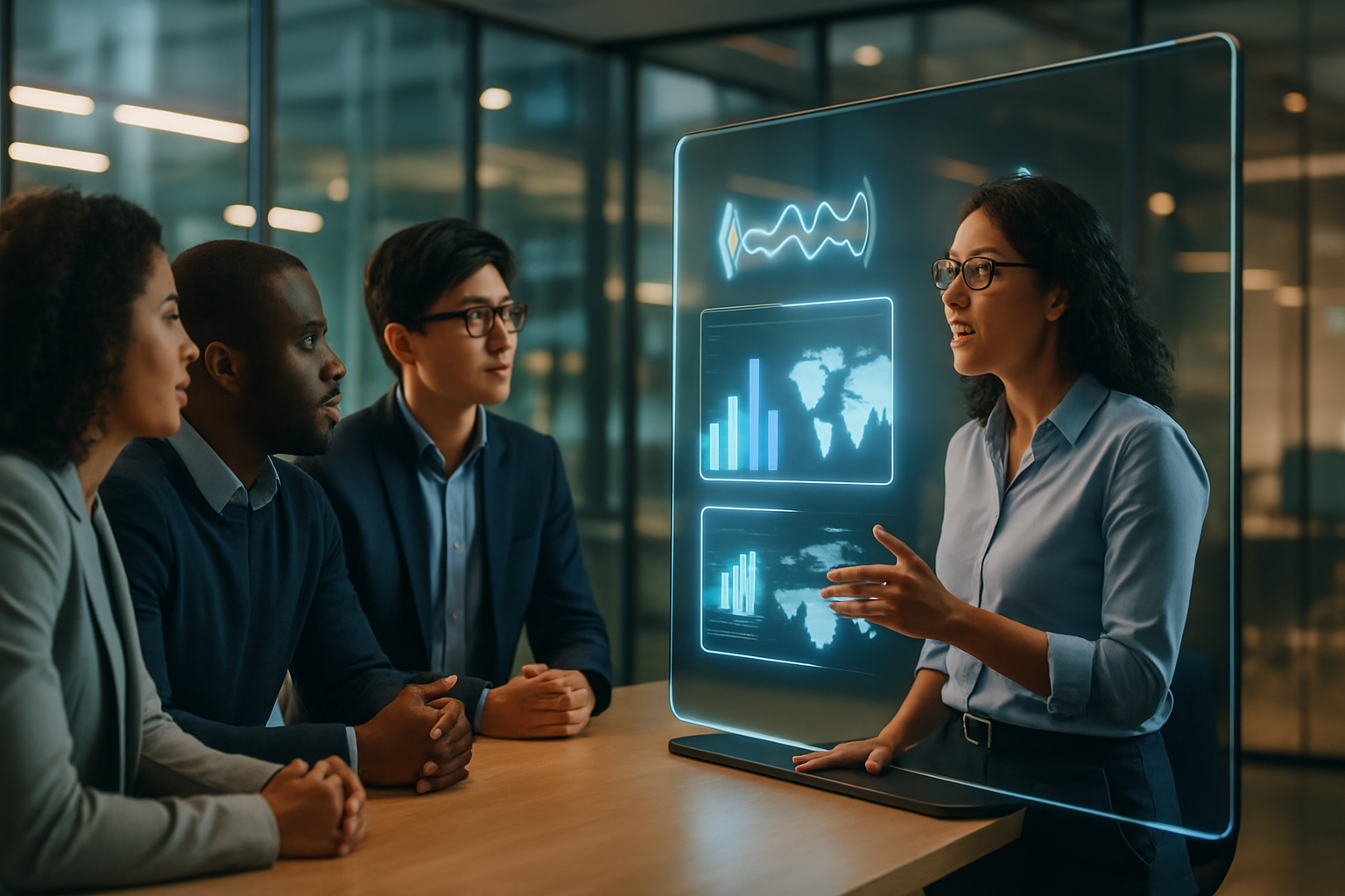 A team of diverse tech professionals interacting with an Oracle Analytics AI Assistant dashboard in a modern office, analyzing data visualizations generated by natural language.