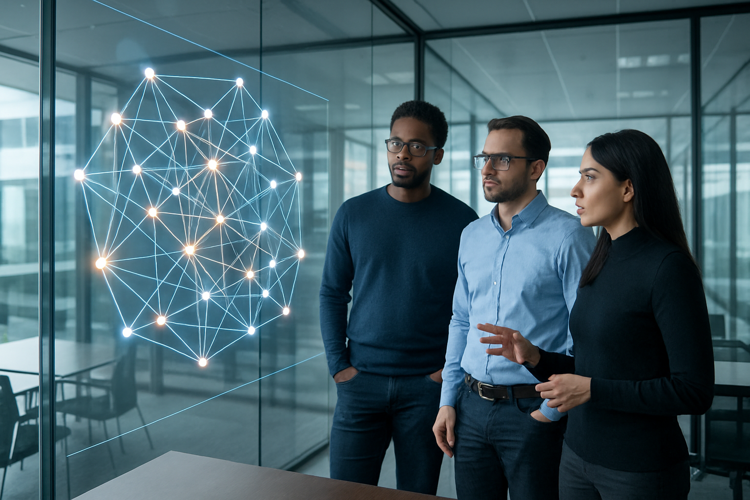 Tech professionals analyzing a complex network data graph visualization on a digital display, representing Elastic Graph data exploration.