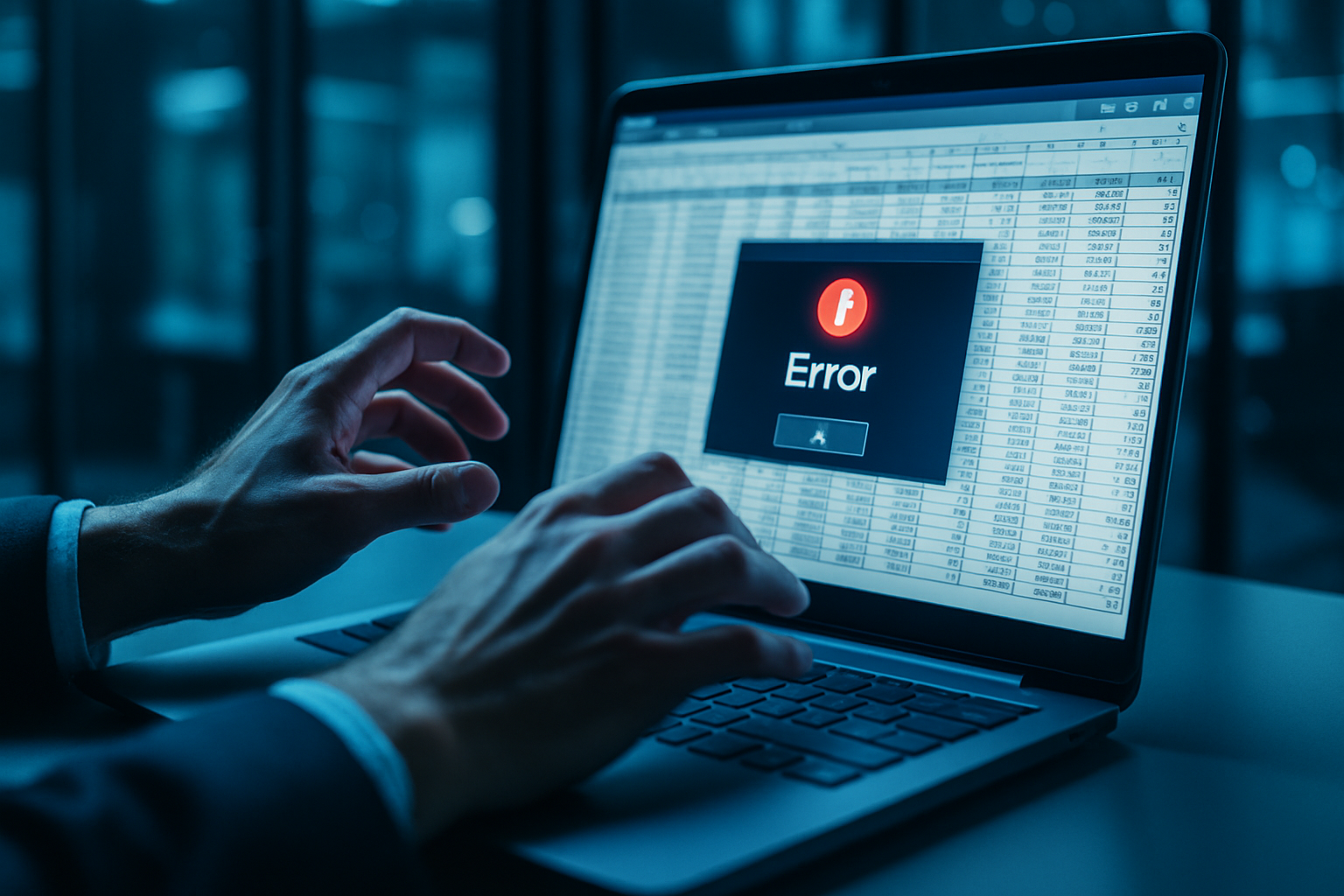: A professional data analyst encountering a software crash error on their laptop screen while working in a modern office environment.