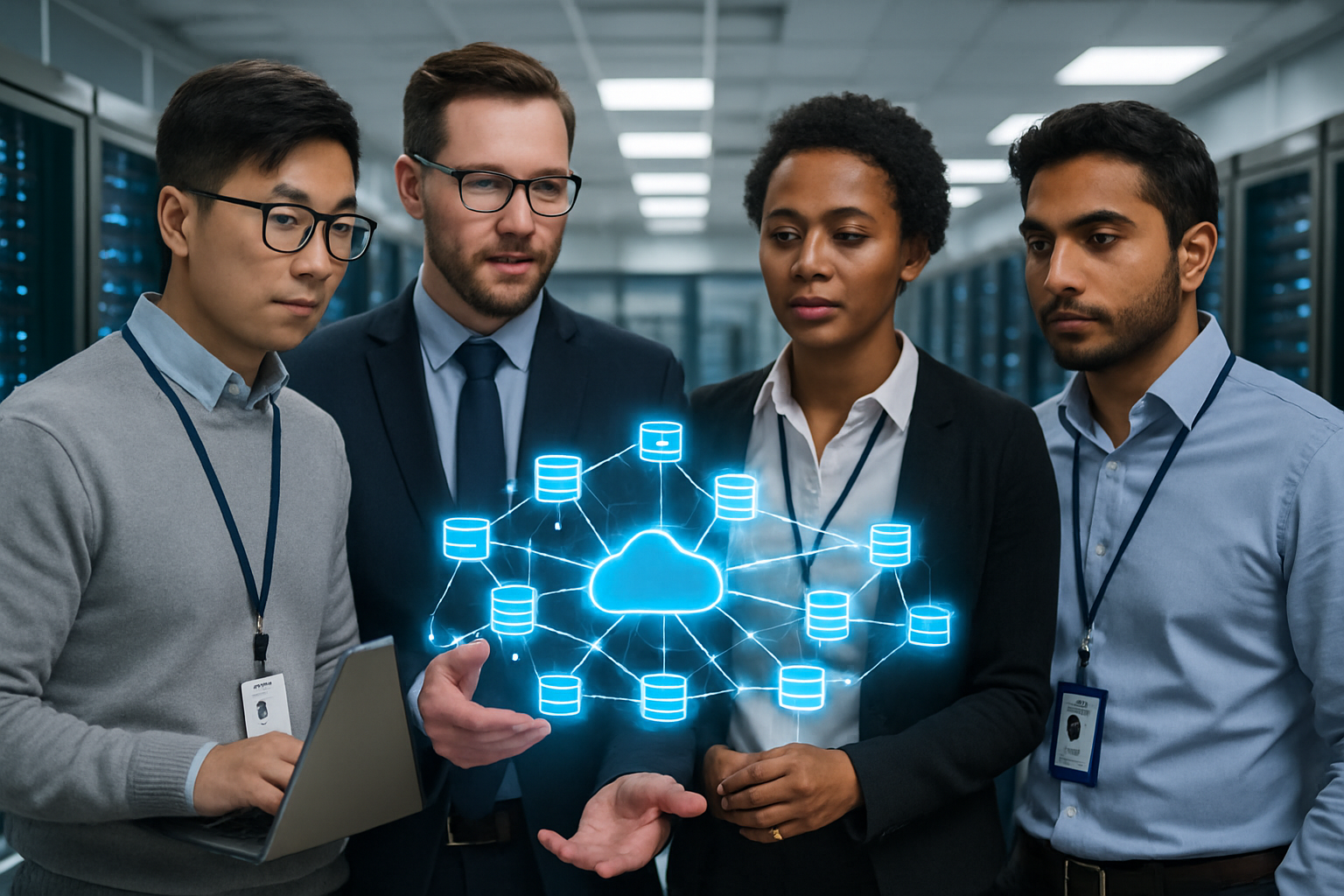 Tech professionals analyzing cloud infrastructure and database hosting options in a modern server environment.