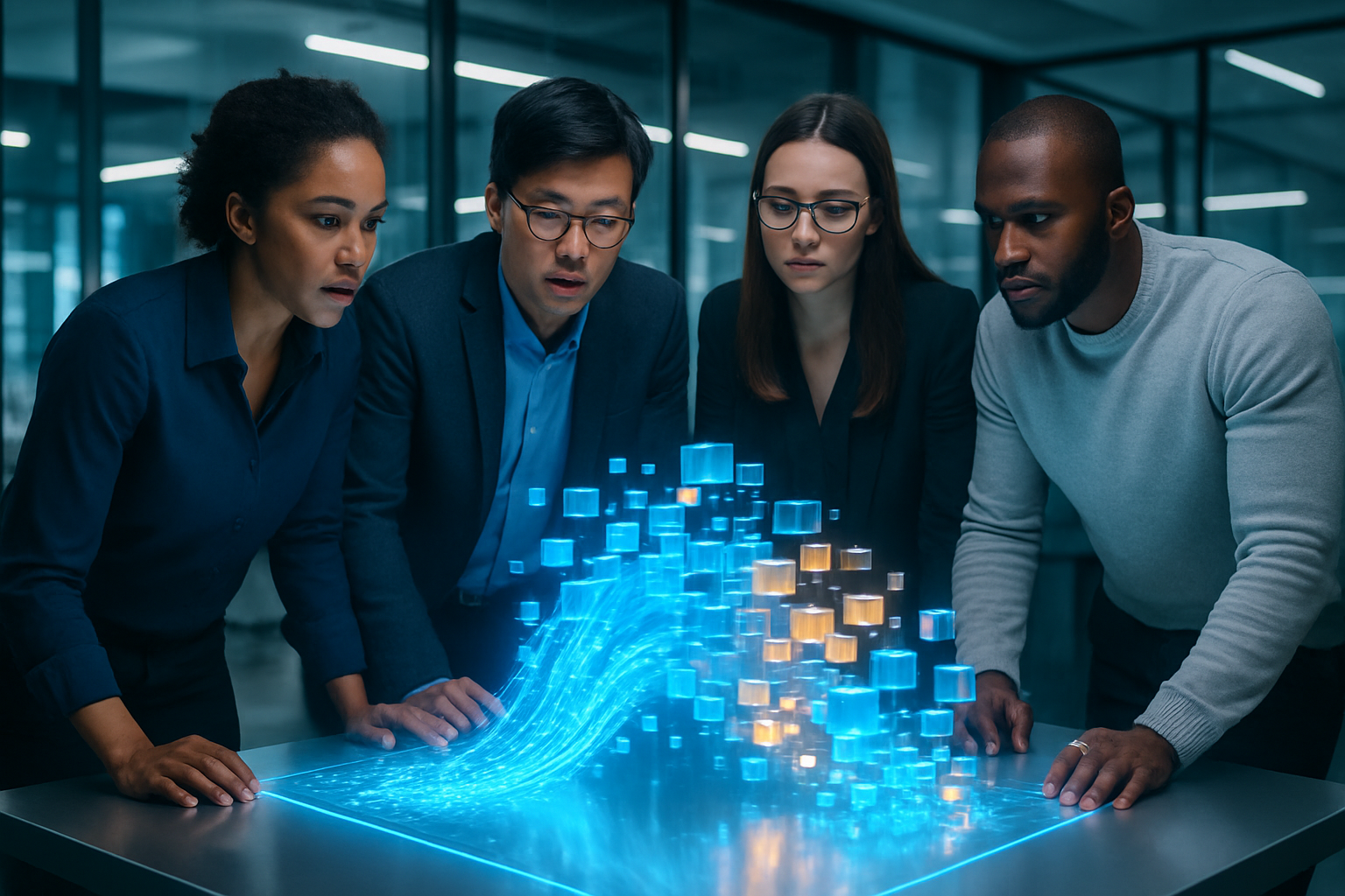 Tech professionals analyzing data chunk sizes for RAG pipeline optimization in a futuristic office setting.