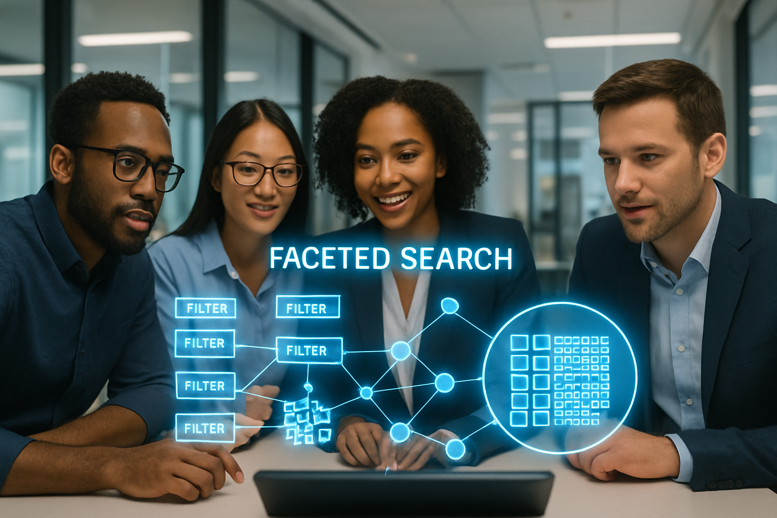 Diverse technology professionals analyzing data using a holographic faceted search interface representing Oracle Endeca capabilities.