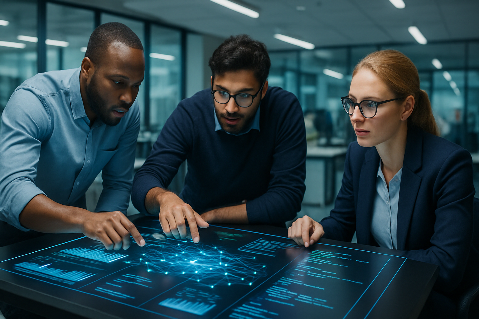 A diverse team of data professionals collaborating on code and data analysis using a digital workbench interface, representing the Cloudera Data Science Workbench.