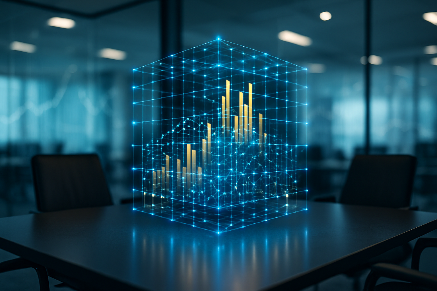 A corporate office setting featuring a glowing, holographic 3D financial data cube floating above a sleek conference table.
