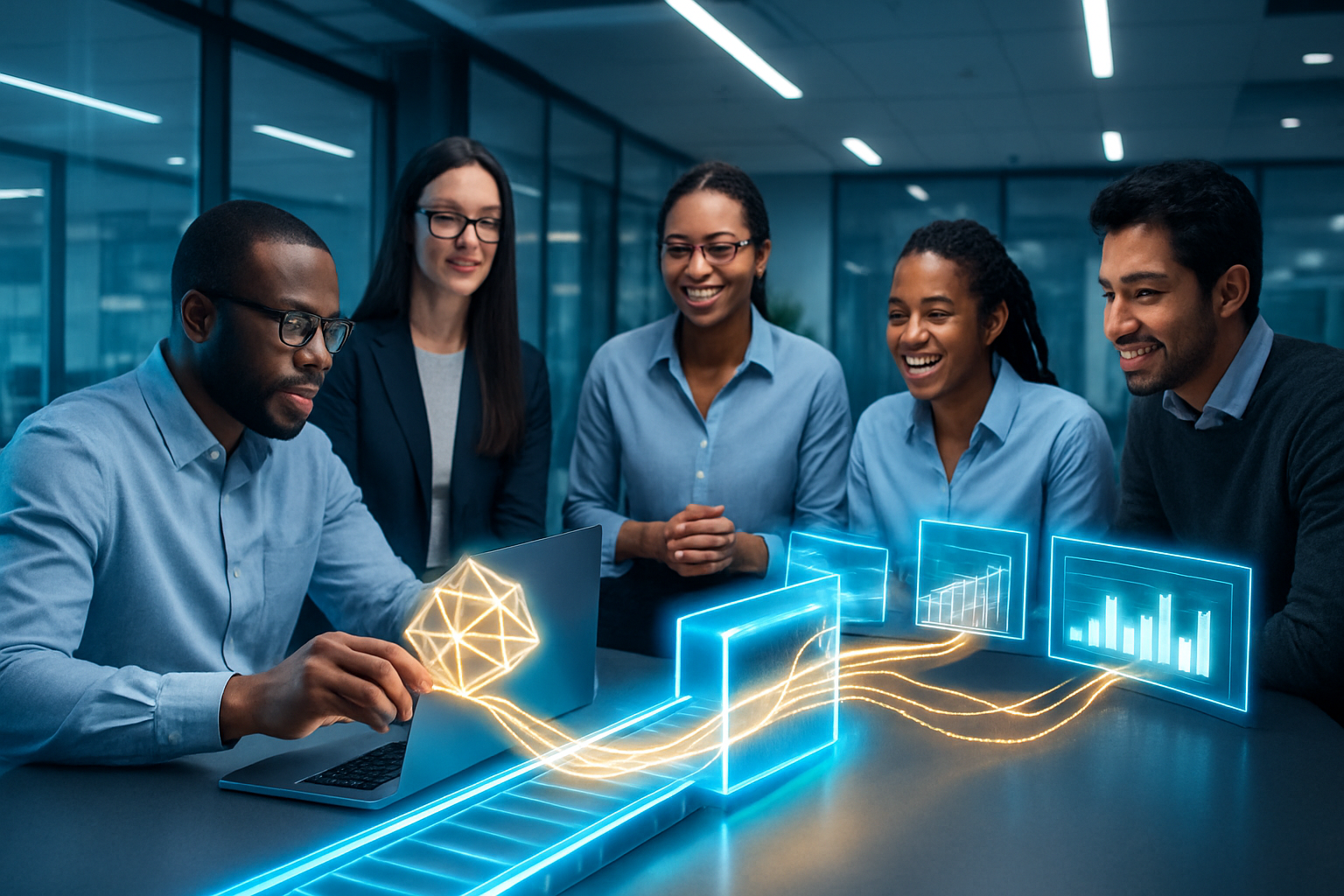 Diverse team of data scientists and engineers working on deploying machine learning models in a modern office environment.