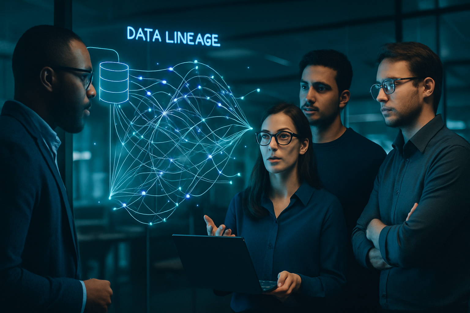 Tech professionals analyzing a data lineage visualization connecting source data to business users.