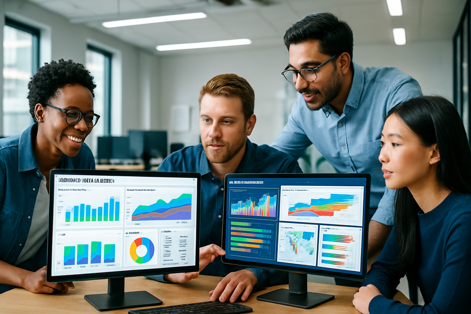 Diverse tech team analyzing advanced business intelligence dashboards and data models.