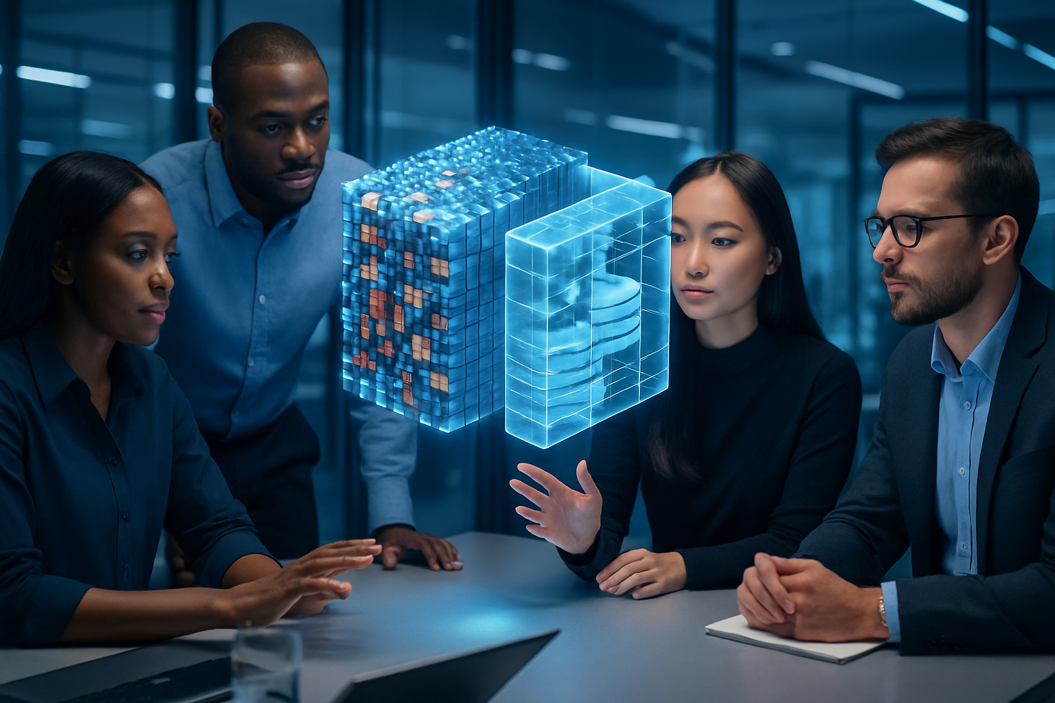 An office setting with diverse tech professionals collaborating around a large, floating holographic projection of a complex data cube.