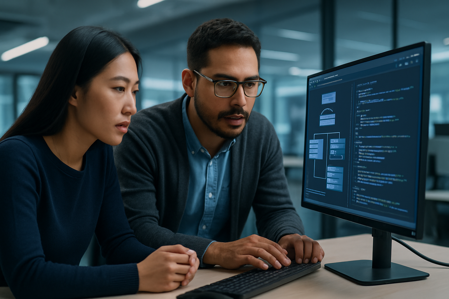 Diverse software engineers reviewing a graphical query builder interface and data structures on a monitor.