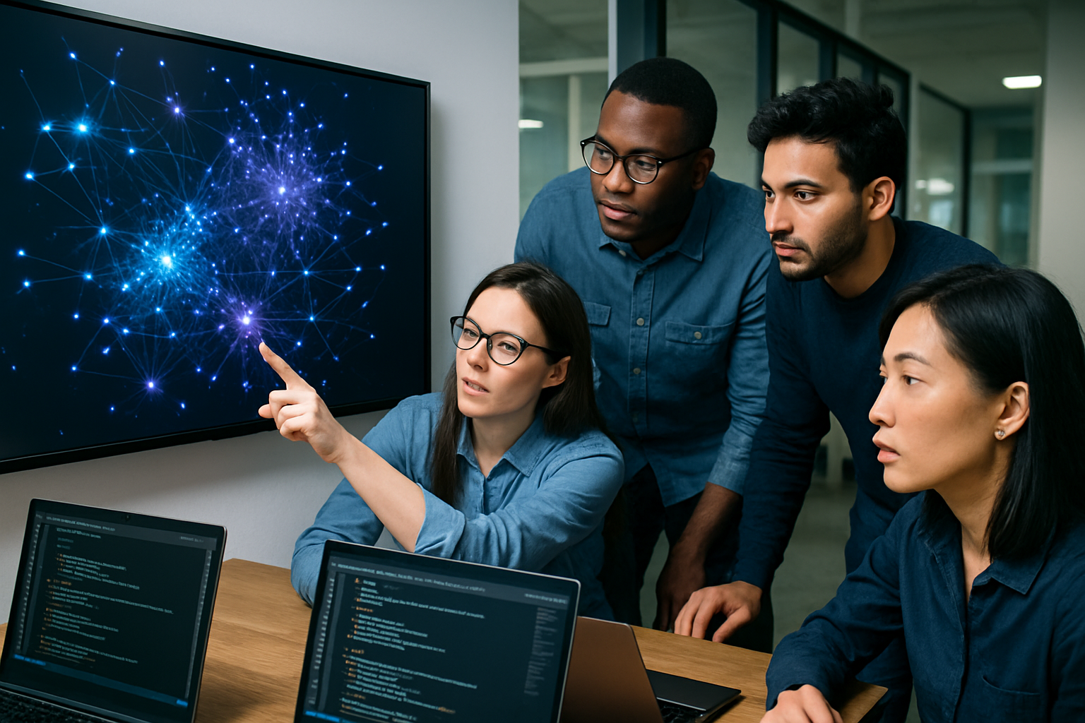 Data scientists collaborating in a modern office, looking at a complex network graph visualization on a large monitor.