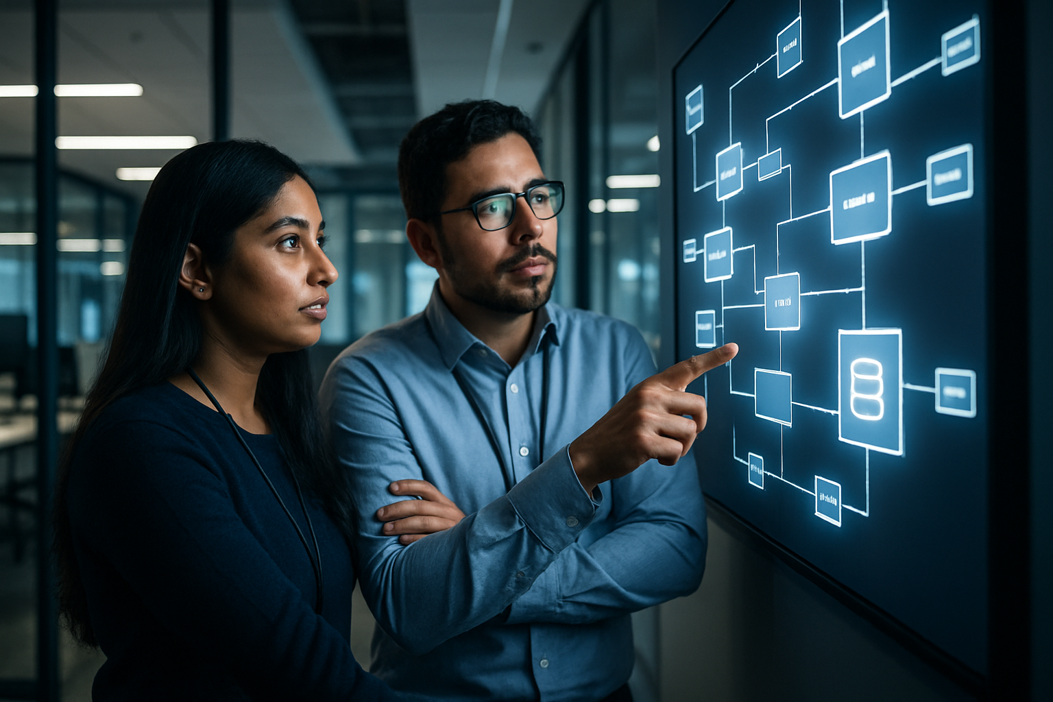 Diverse tech professionals analyzing a modular data integration workflow on a digital dashboard, representing the efficiency of ODI over manual coding.