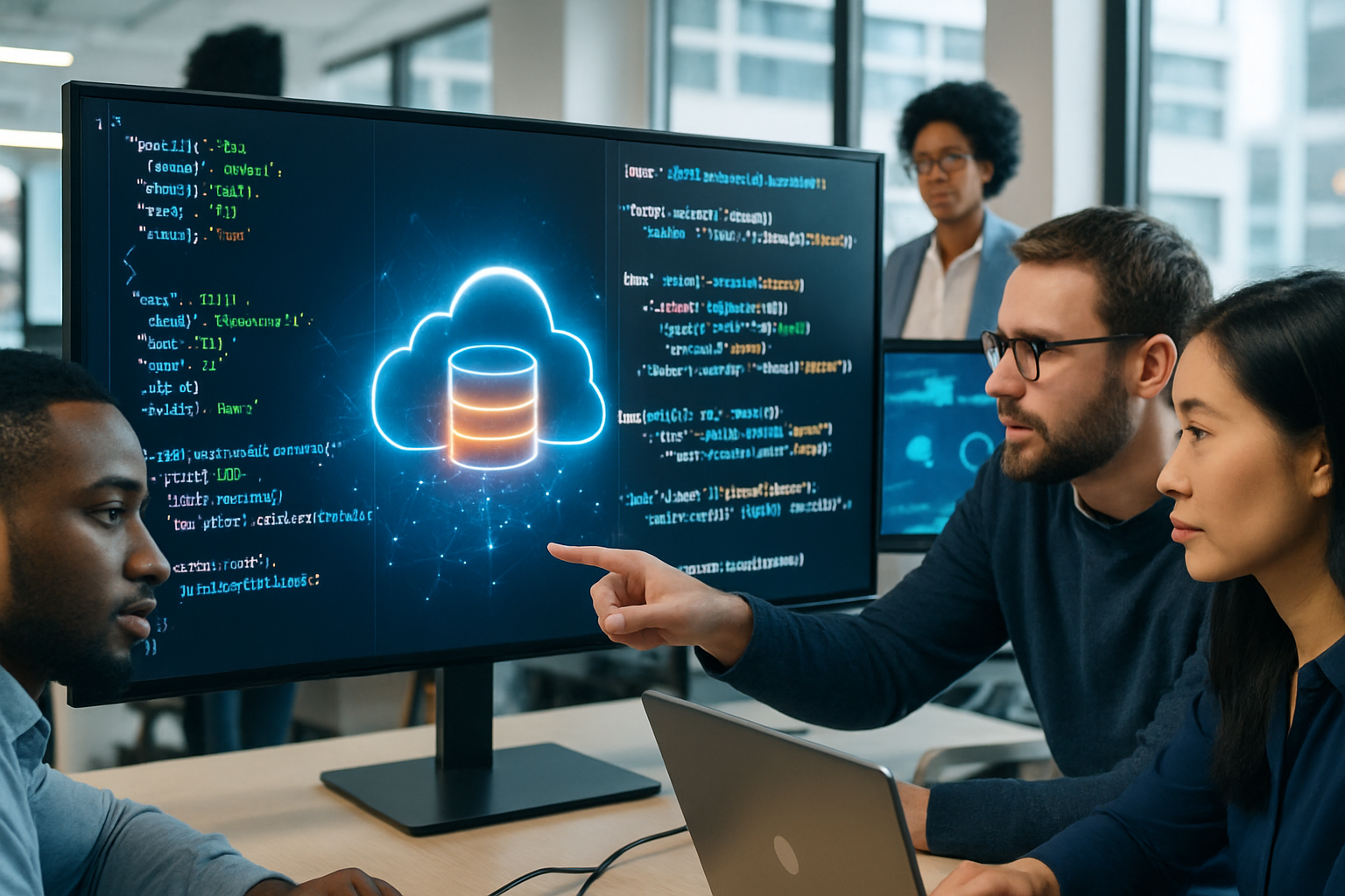 A modern corporate office scene featuring diverse tech professionals analyzing data on large monitors.