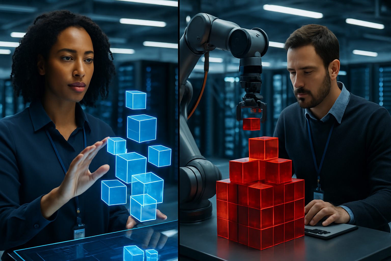 A split-screen illustration showing a female engineer using a holographic interface and a male developer using a robotic arm to construct digital data cubes, symbolizing the comparison between Analytic Workspace Manager and Oracle Warehouse Builder.