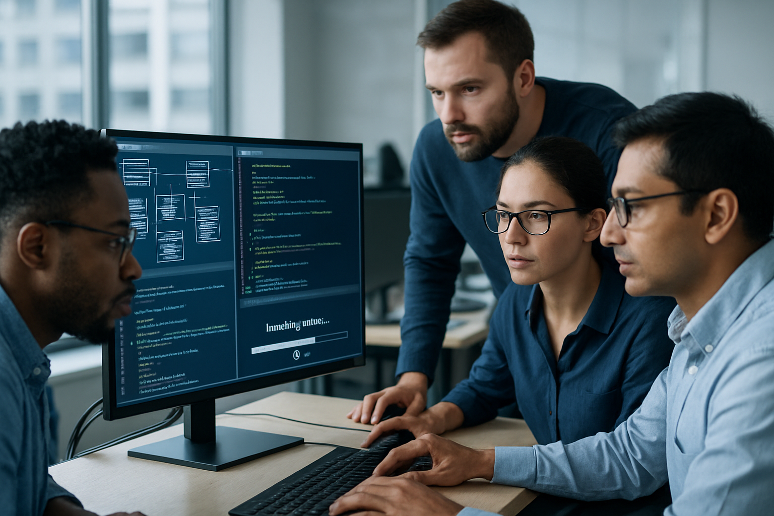 Diverse group of IT professionals monitoring a complex database software installation and code execution on a computer monitor.