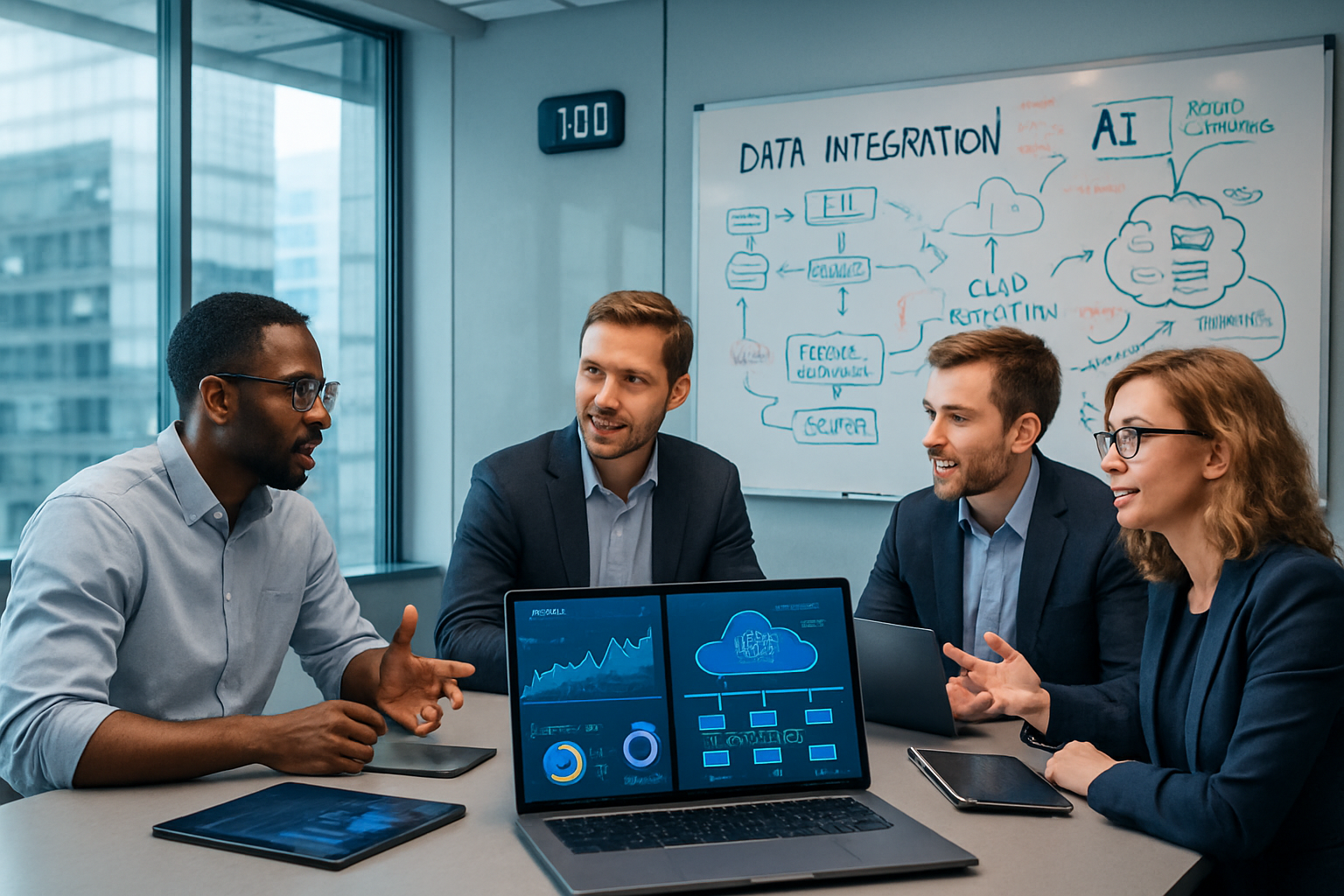 A group of business professionals in a boardroom discussing technology