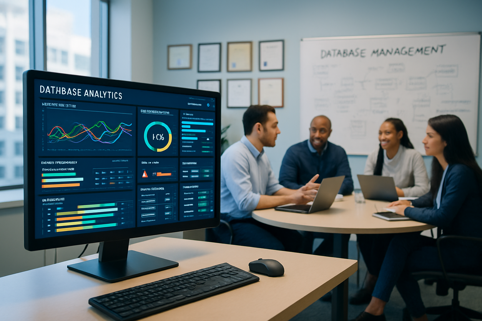 A brightly lit conference room with a team of tech developers
