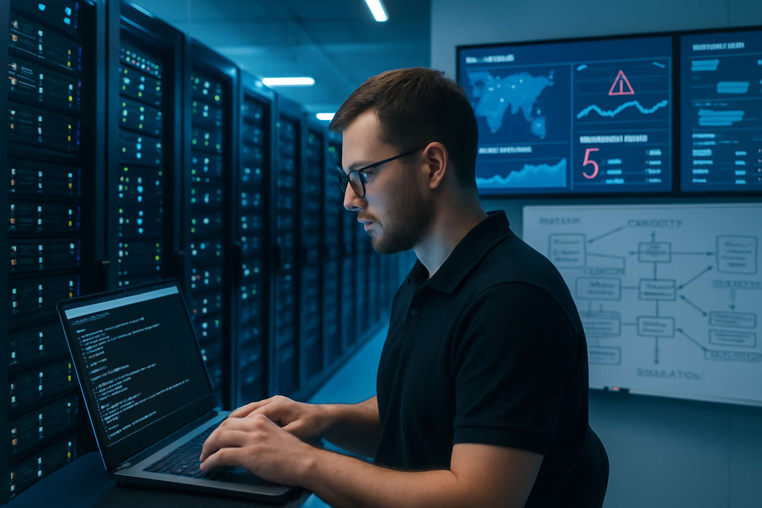 A computer engineer reviewing a data center