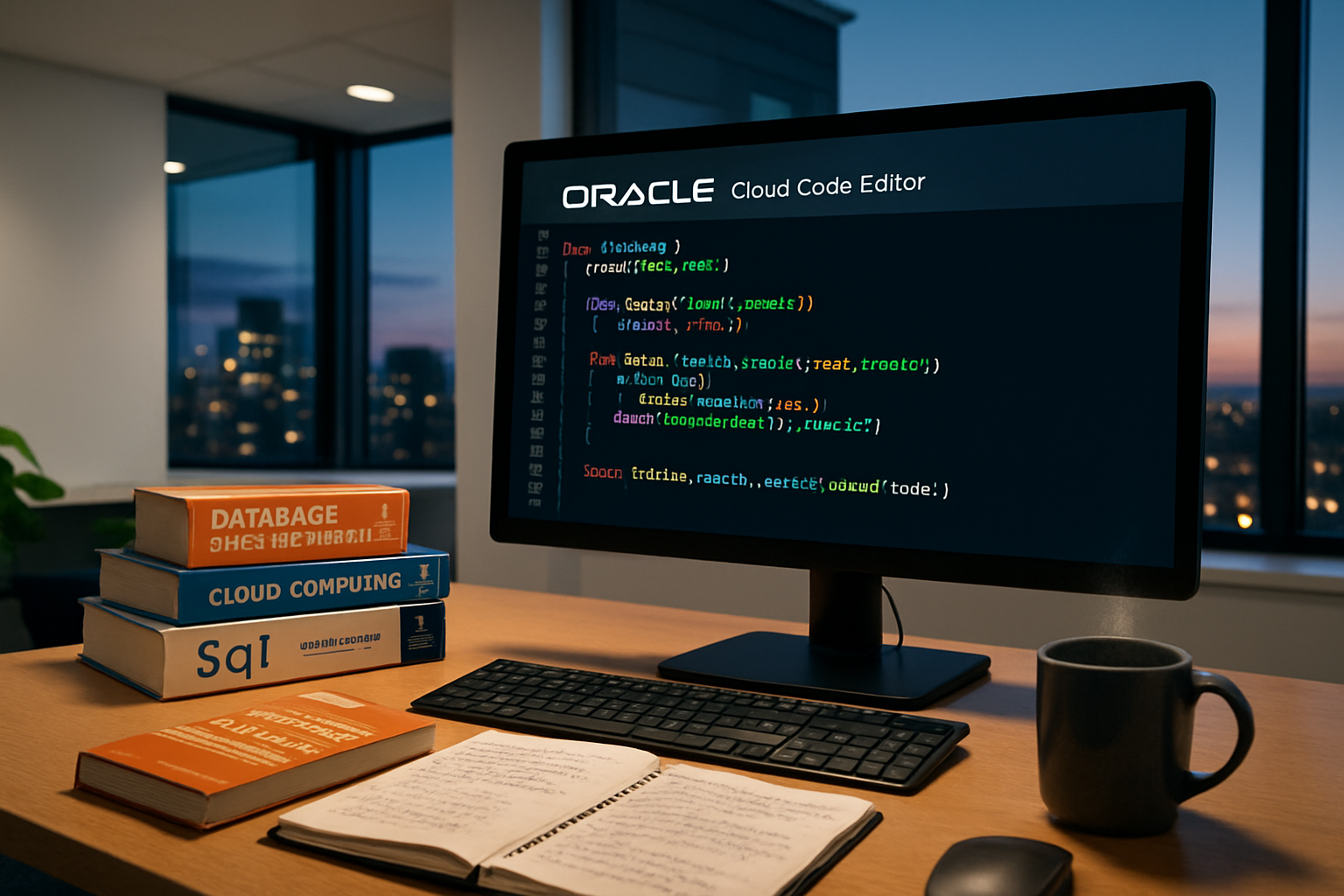 A modern workspace with a computer monitor displaying the Oracle code editor