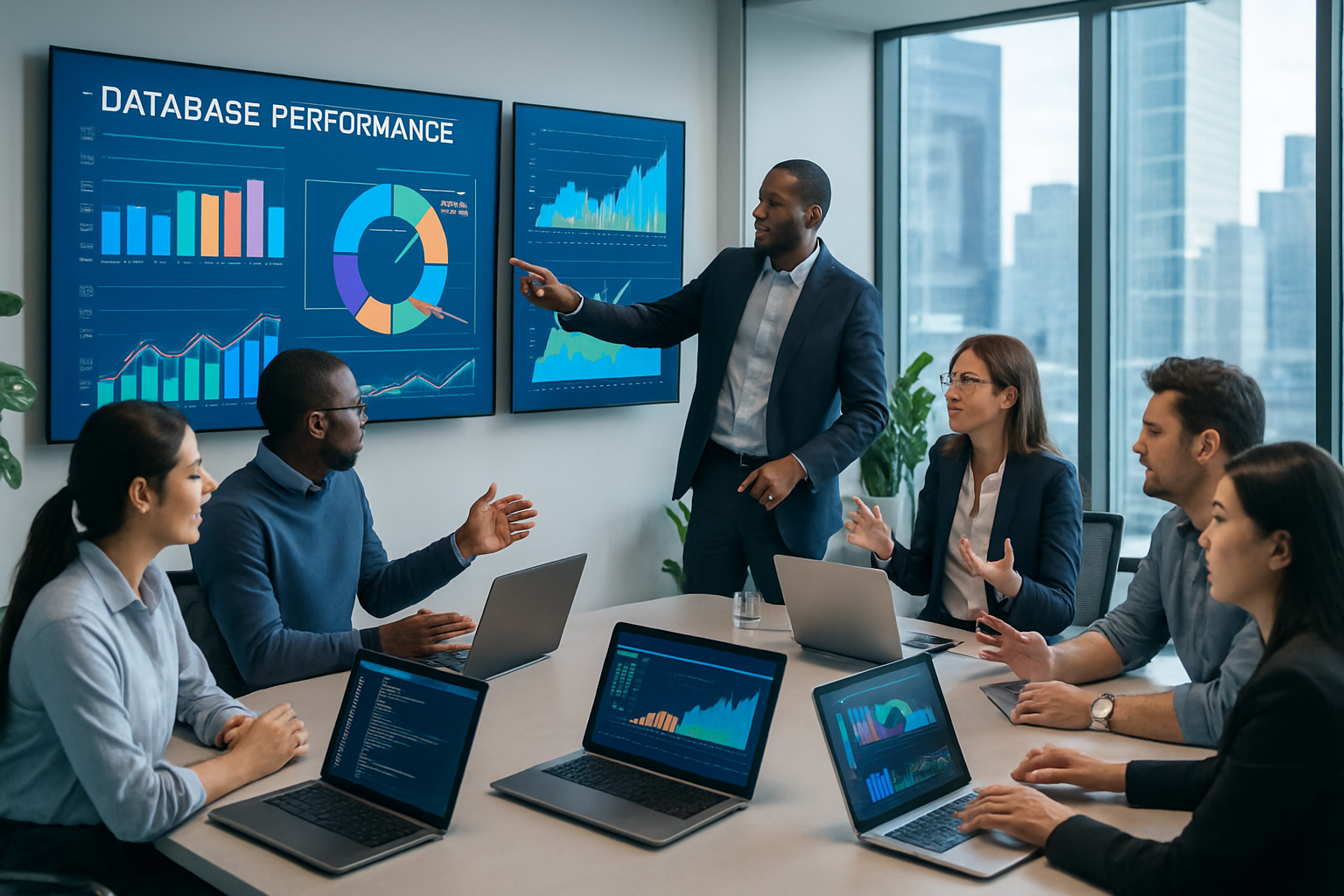 A brightly lit, sleek, modern office environment filled with advanced technology. 