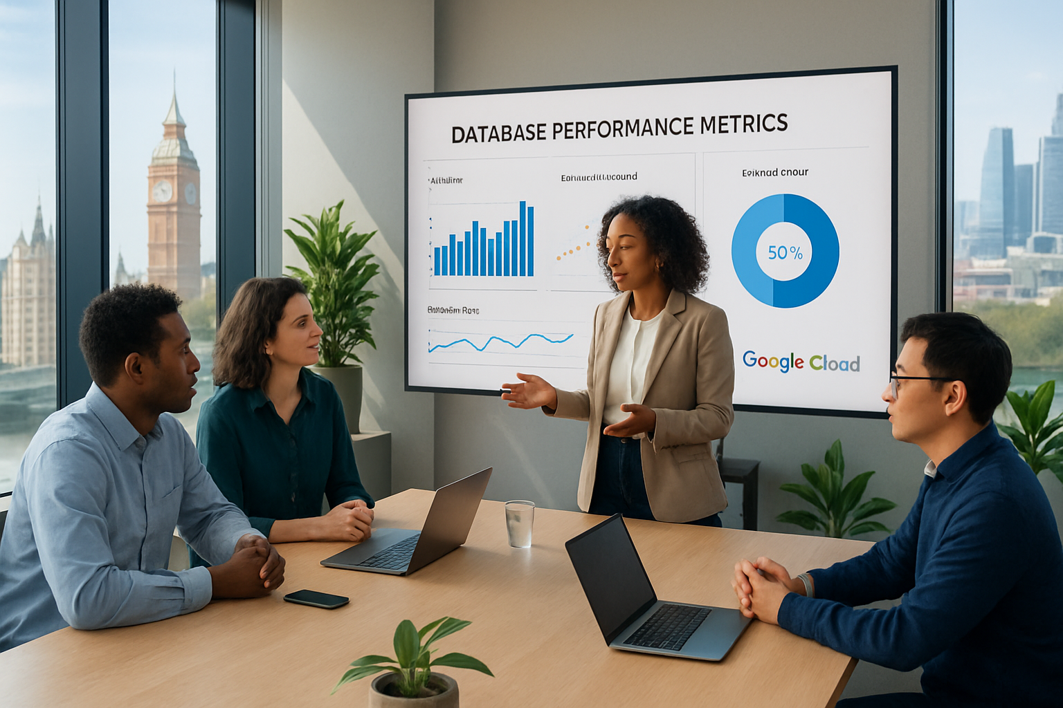 A group of professionals around a screen showing analytics