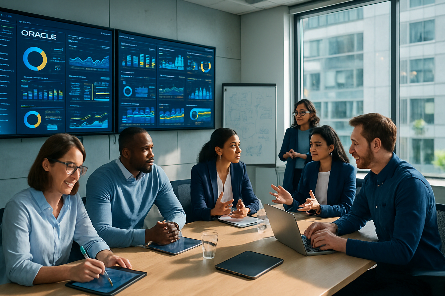 tech professionals gathered around a conference table discussing metrics.