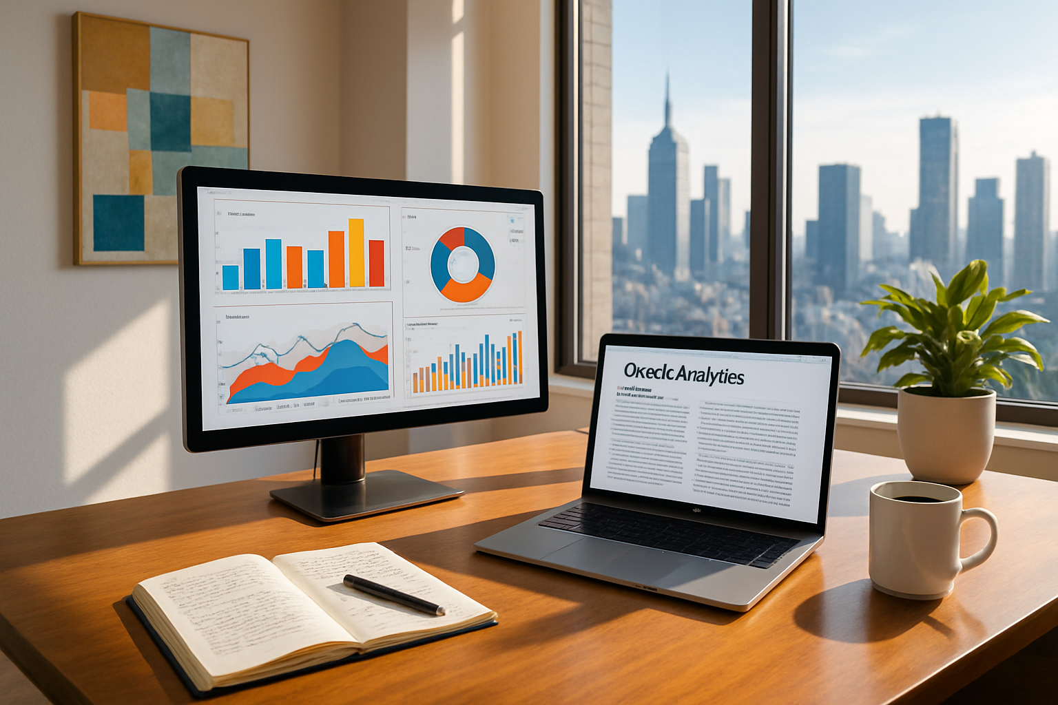 A modern office space with two computers and a notebook