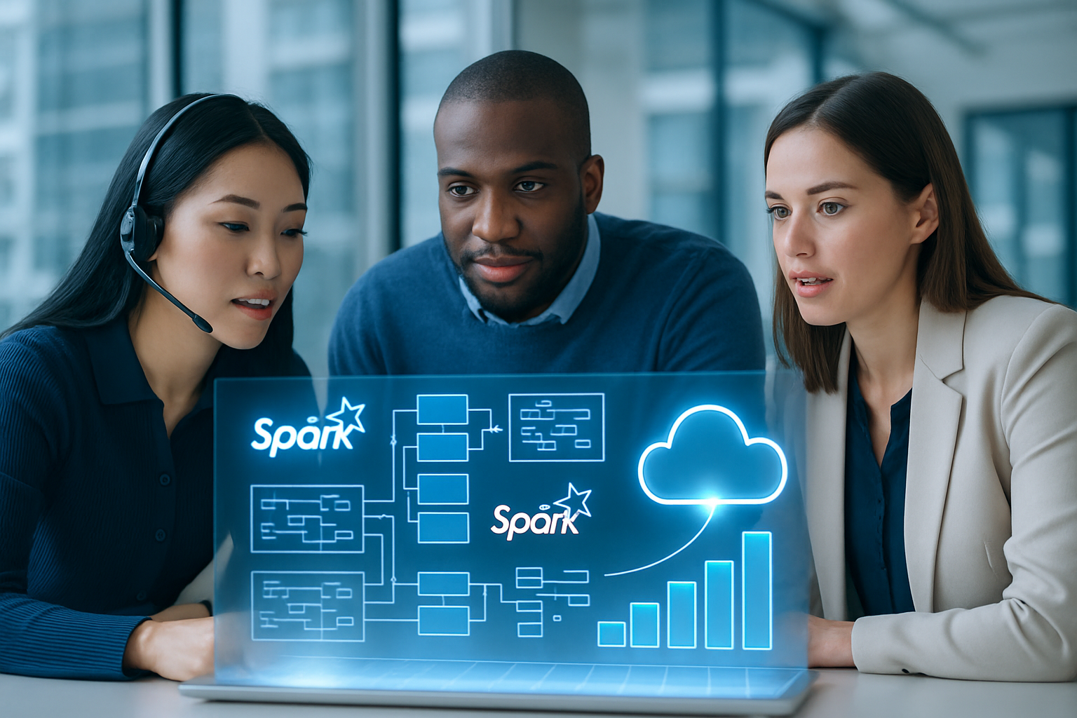 Diverse tech professionals collaborating on an OCI Data Flow and Apache Spark ETL pipeline visualization in a modern office.
